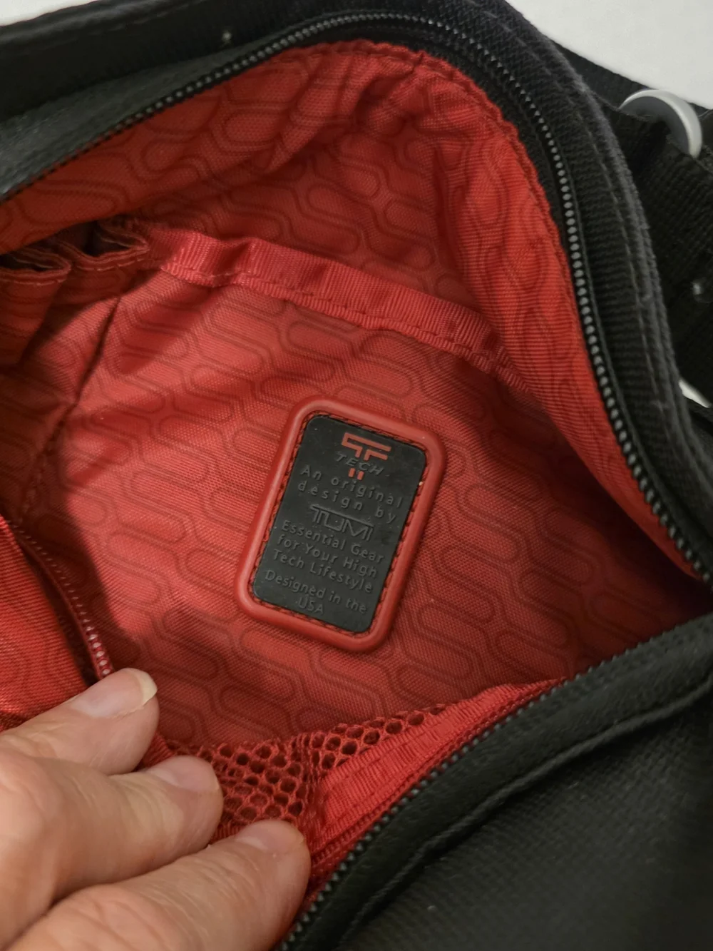 Tumi T-Tech Black Men’s Messenger Crossbody Bag with Subtle Red Accents, 5132D